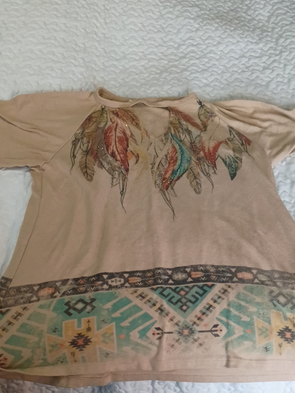 Boho Feather Print Women's Top in Blush